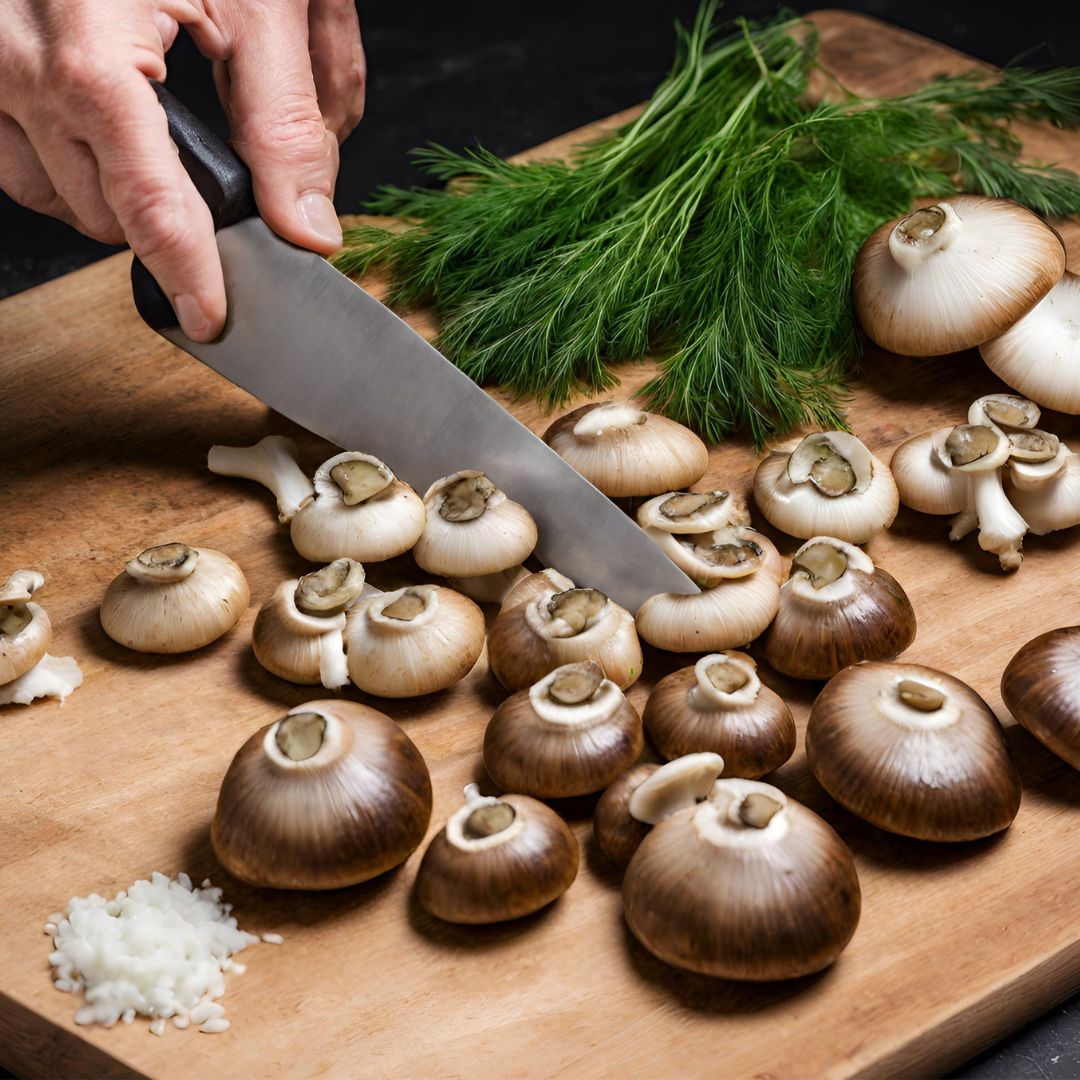 slicing the mushrooms and finely chopping the dill